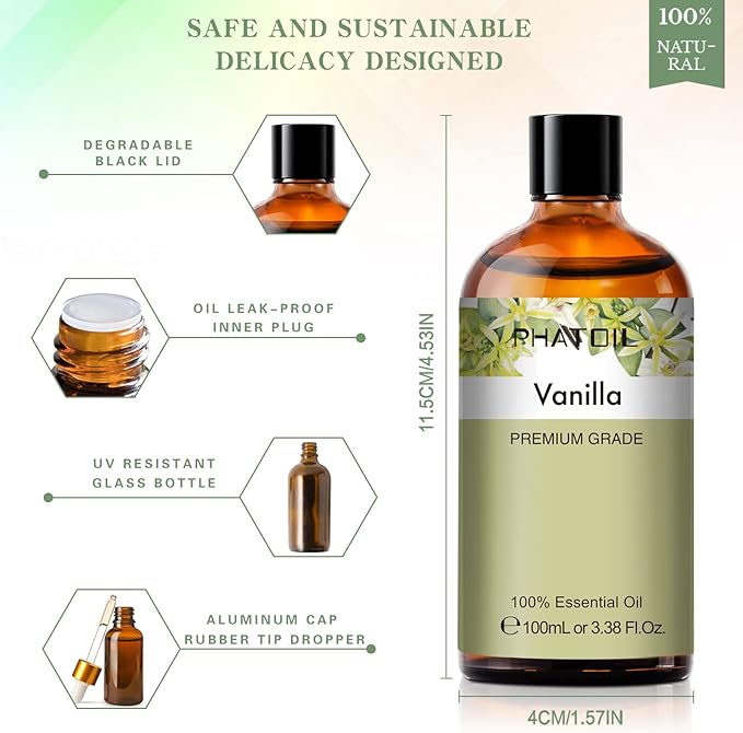 100ML Vanilla Essential Oil, Huge 3.38fl.oz Bottle Vanilla Oil, Pure Aromatherapy Essential Oils for Diffuser, Humidifier, Scented Oils for Soap, Candle Making