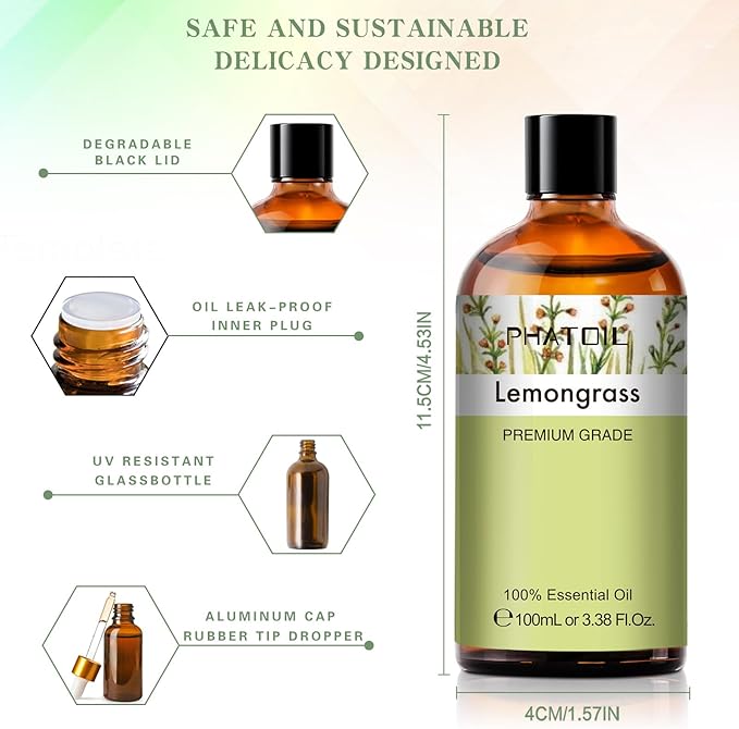 100ML Lemongrass Essential Oil, 3.38FL.OZ Essential Oils for Diffuser, Humidifier, Relax, Aromatherapy, Lemongrass Oil Scented Oils for Soap, Candle Making