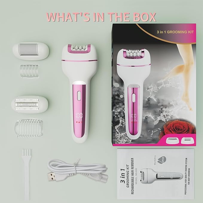 Epilator for Women 3-in-1 Epilator, Body Hair Removal Device,Wet/Dry, Waterproof, Cordless Rechargeable Electric Trimmer & Shaver & Callus Remover for Women & Men 606 Pink