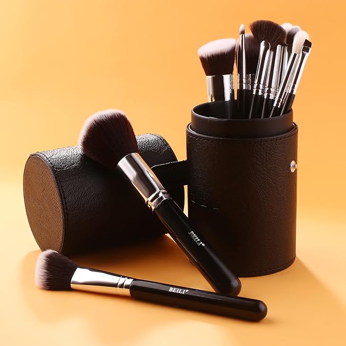 BEILI Makeup Brushes 12pcs Makeup Brushes Set with Holder Premium Synthetic Kabuki Foundation Brush Blending Blush Concealer Full Face Makeup Brushes Kit With Gift Box(Black)