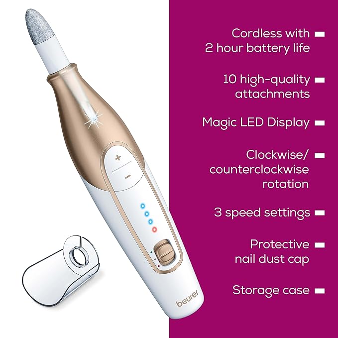 Beurer MP64 Nail Drill Kit, Cordless Electric Nail File with 10 Attachments and LED Light, Electric Manicure Set with Adjustable Speed, E-File for Manicure and Pedicure, with Storage Case