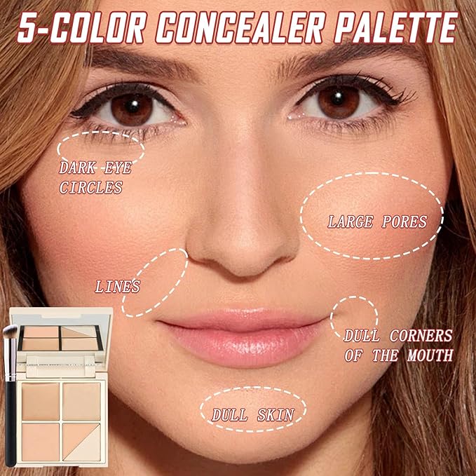 5 Colors Correcting Concealer Palette,Waterproof Long Lasting Cream Contour Palette for Women,Contouring Concealer Liquid Foundation Makeup Palette with Brush 01#
