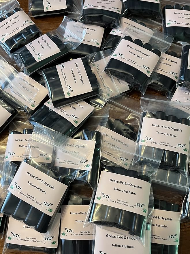 Beef Tallow Lip Balm 100% Grass Fed & Organic, Animal Based Skincare, Carnivore Beauty, Natural Hydrating (4 Pack), Black