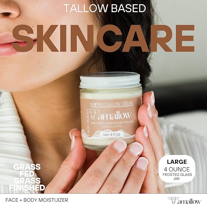 100% Grass Fed Beef Tallow Skincare & Lip Balm Set - Whipped Moisturizer for Face & Body (Vanilla Latte) + All Natural Tallow Lip Balm (Vanilla Dream)