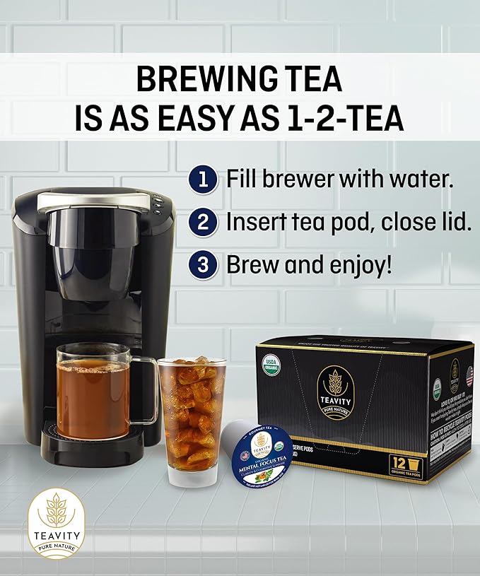 Teavity Organic Mental Focus Tea Pods (24 Count) - Moringa, Peppermint, Holy Basil & Turmeric - Naturally Decaf - Keurig Compatible