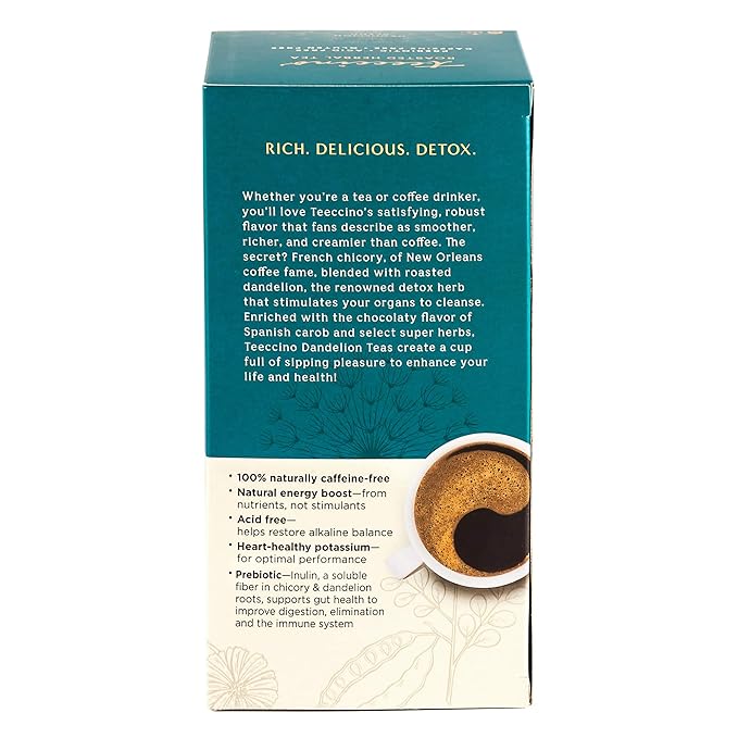 Teeccino Dandelion Mocha Mint Tea - Caffeine Free, Roasted Herbal Tea with Prebiotics, 3x More Herbs than Regular Tea Bags, Gluten Free - 25 Tea Bags