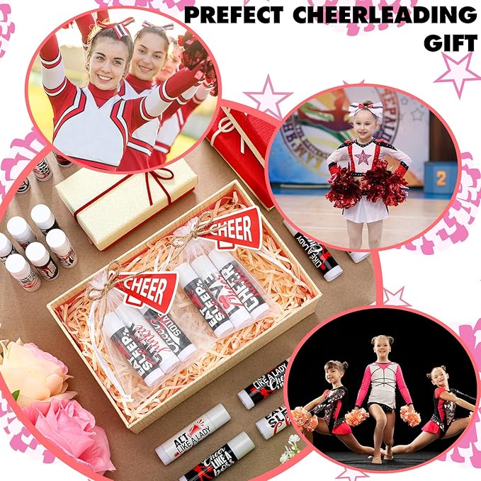 50 Sets Cheer Gifts Bulk 50 Cheer Lip Balm Bulk Moisturizing with 50 Organza Drawstring Gift Bags 50 Tags Cheerleader Gifts Cheer Gifts Bulk for Team (Red)