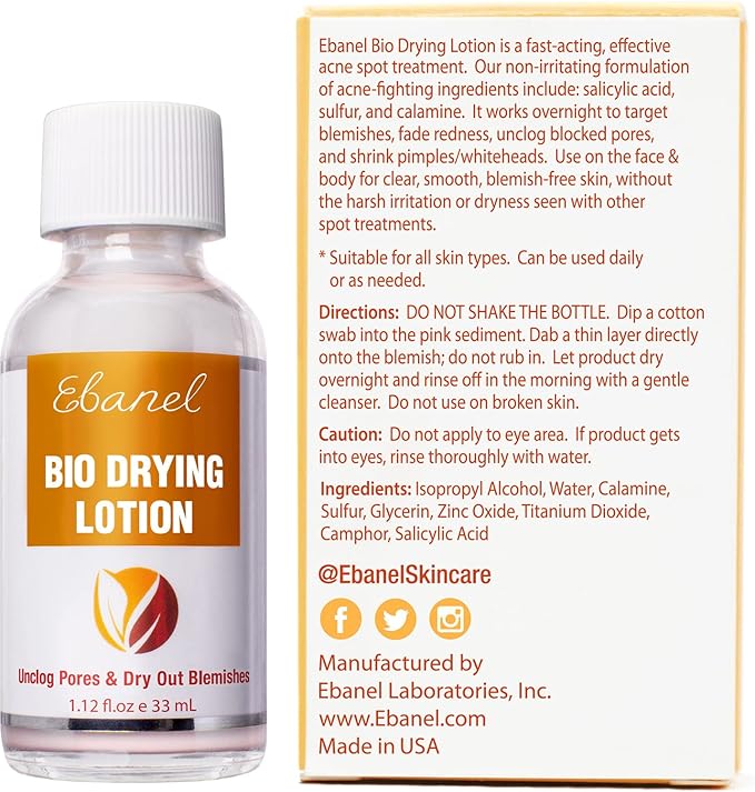 Ebanel Acne Spot Drying Lotion for Face & Body with Sulfur & Salicylic Acid, Targets Pimples & Zits, Helps Clear Pores and Reduce Surface Blemishes Overnight