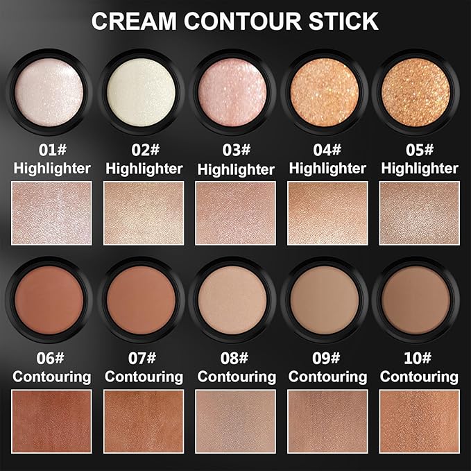 2Pcs Cream Contour Stick Makeup Kit, Cream Highlighter Stick and Bronzer Contour Stick with Longwear Waterproof Formula for Brightening and Trimming the Cheeks, Makeup Brush Include (#01, 10)
