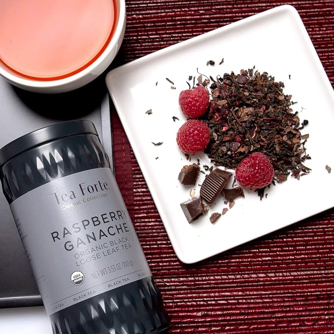 Tea Forte Raspberry Ganache Premium Organic Loose Leaf Caffeinated Black Tea Blend Canister, Makes 35-50 Cups, Tea Gifts for Mother's Day
