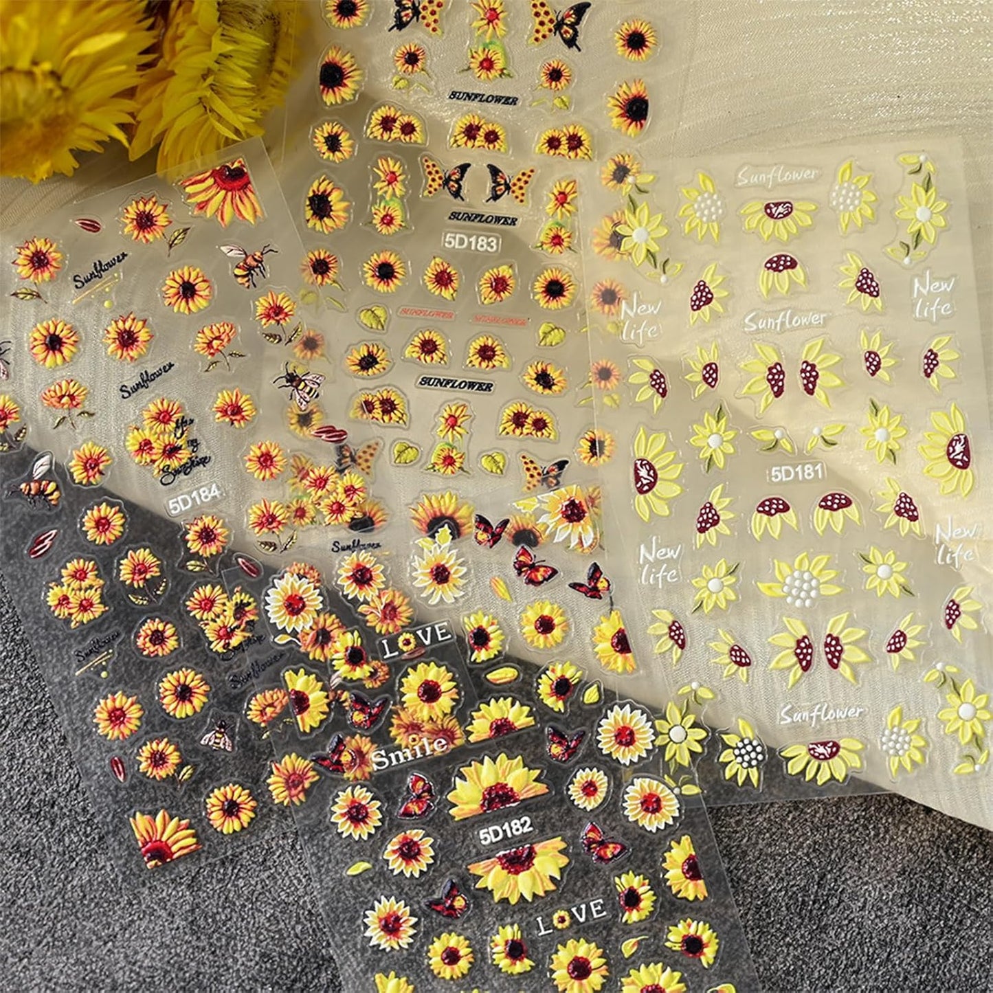 4 Sheets 5D Flower Nail Art Stickers Embossed Nail Decals Autumn Nails Art Design 3D Self-Adhesive Sunflowers Yellow Flower Nails Stickers for Women DIY Decoration