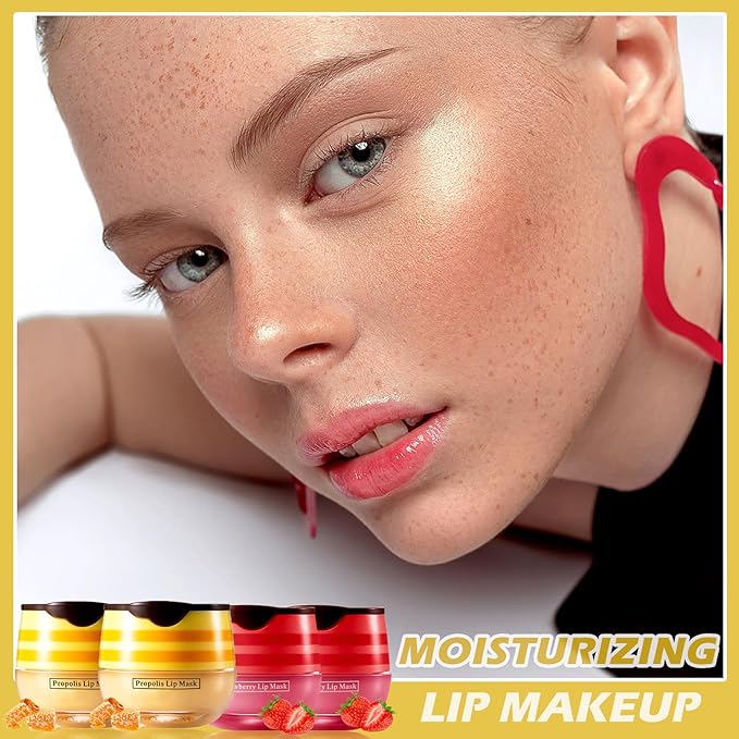 CAHIUYOA 4PCS Bee Lip Balm Honey Pot Honey & Strawberry Lip Balm Lip Mask Moisturizing Hydrating Honey Pot Lip Balm with Stick Prevention Dry & Cracked Lip Scrubs Exfoliator