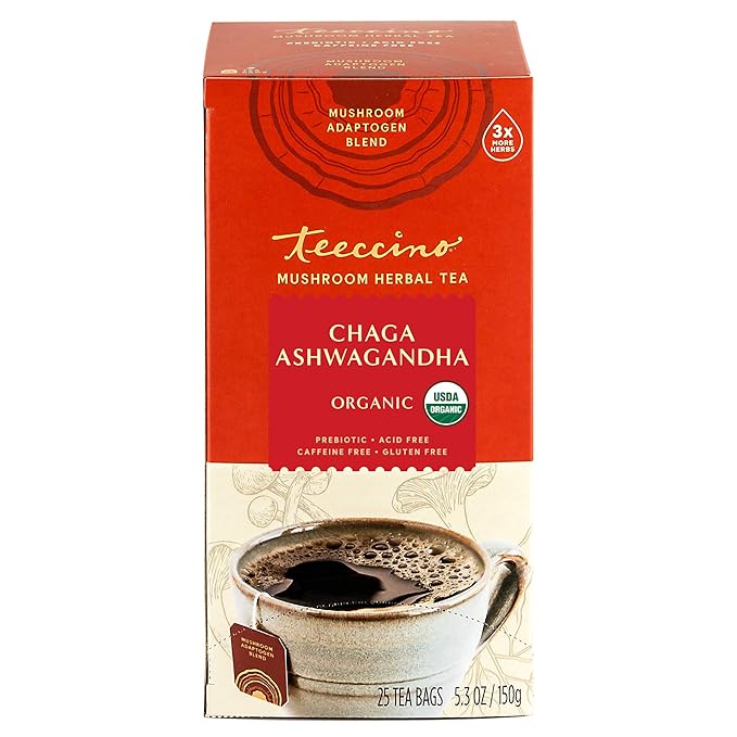 Teeccino Chaga Ashwagandha Tea - Butterscotch Cream - Organic Mushroom Adaptogenic Herbal Tea, 3x More Herbs than Regular Tea Bags, Prebiotic, Caffeine Free, Gluten Free - 25 Tea Bags (Pack of 3)