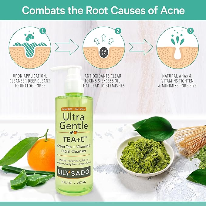 LILY SADO TEA+Cβ’ Green Tea & Vitamin C Face Cleanser β Natural Vegan Antioxidant Daily Face Wash with Aloe, Rosehip, Meadowfoam - Gentle Deep Cleansing for Acne, Blackheads, Blemishes. 8 oz