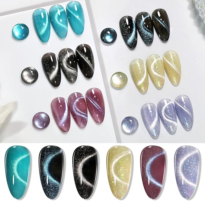 Born Pretty Cat Magnetic Eye Gel Nail Polish, 6 Colors 9D Magnetic Glitter Gel Polish Set Black Blue Purple Green Nail Polish Kit Soak Off LED Nail Art DIY Salon Gift