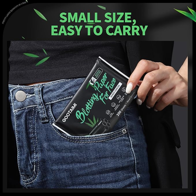 Blotting Paper for Oily Skin, Natural Bamboo Charcoal Blotting Paper, Oil Blotting Sheets for Face, 100 * 70MM Large Oil Absorbing Sheets Makeup Face Tissues, 200 Counts