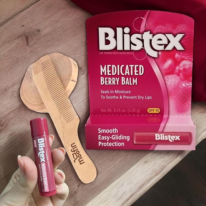 Blistex Medicated Lip Balm Medicated Lip Balm SPF15, 0.15 oz - Berry Flavor, Soothing Balm Stick Bundle with Moofin Wooden Comb - Sun Protection Medicated Lip Balm for Dry Cracked Lips, Chapped Lips