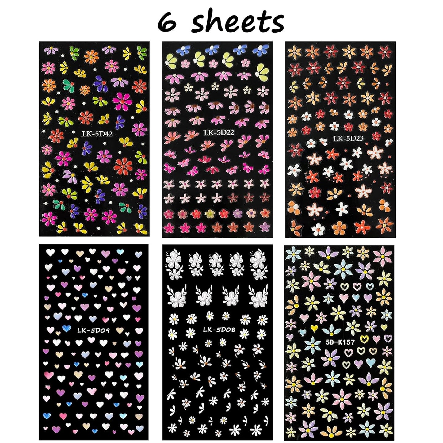 Flower Nail Art Stickers Decals 5D Embossed Nail Decals Spring Summer Nails Design Self-Adhesive Supplies Accessories 3D Flower for Women Nails DIY Decoration(6 Sheets)