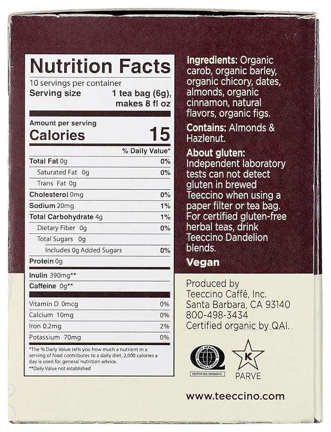 Teeccino Snickerdoodle Herbal Tea - Dessert Beverage That’s Prebiotic, Caffeine-Free & Acid Free, 10 Tea Bags