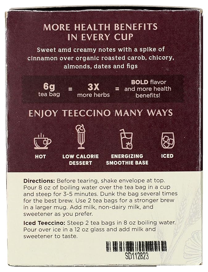 Teeccino Snickerdoodle Herbal Tea - Dessert Beverage That’s Prebiotic, Caffeine-Free & Acid Free, 10 Tea Bags