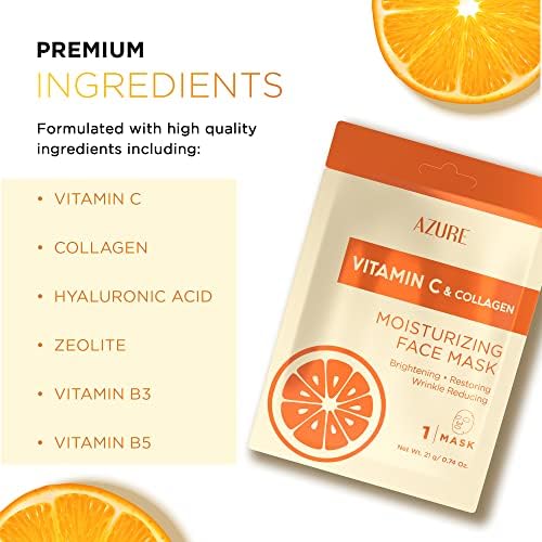 AZURE Vitamin C & Collagen Moisturizing Facial Sheet Mask- Anti Aging, Deeply Moisturizing & Firming - Improves Elasticity - Skin Care Made in Korea - 10 Pack