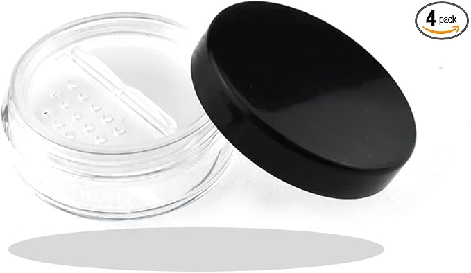 HAHIYO 4pcs 10ml/0.34oz Plastic Empty Travel Compact Case Makeup Cosmetic Jar Refillable Powder Box No Leak Holder with Rotatable Sifter and Black Screw Lid