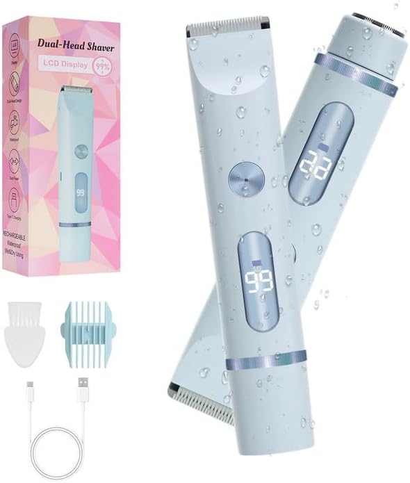 2025 Upgraded Dermave Bikini Shaver - 2 in 1 Bikini Trimmer for Women with LCD Display, Dual Head Cordless Electric Shaver, IPX7 Waterproof Wet/Dry Body Hair Trimmer for Face,Blue