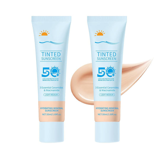 Tinted Sunscreen for Face SPF 50, 2 PCS Defense SPF 50 Face Sunscreen Lotion with Hyaluronic Acid, Sun Essence Faces Sunscreens, Hydrating, Moisturizing, UV Defense, Travel Size (Medium Color)