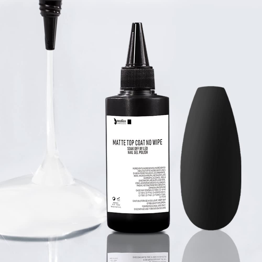 beautilux Gel Matte Top Coat, 100ml Large Capacity No Wipe Matte Top Coat, Soak Off Gel Polish Long-Lasting Prevent Scratches or Chipping, Home Nails DIY Salon 3.5 OZ