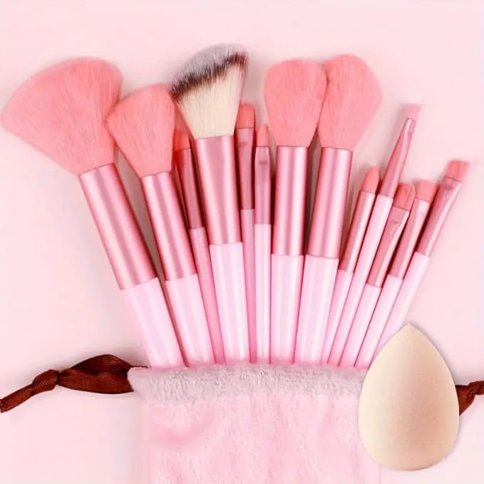 Foundation Makeup Brush Set Kit | 13 Pcs Premium Synthetic Kabuki Eye Shadows Make Up Brushes + 1 Sponge + 1 Brush Bag for Travel and Home Use (PINK)
