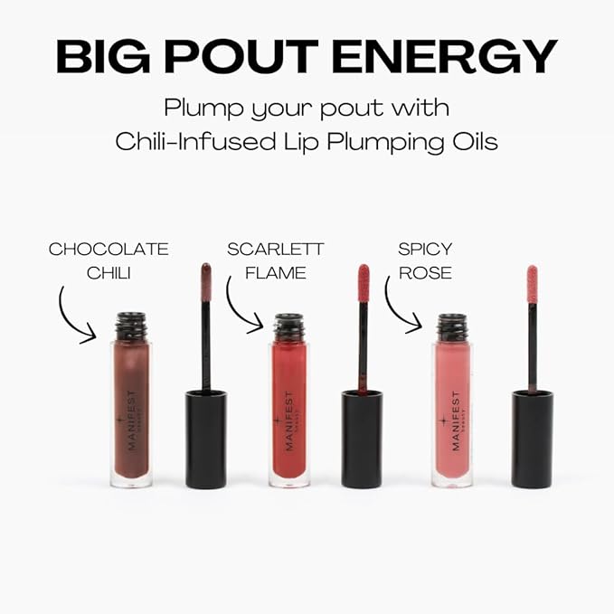 BIG POUT ENERGY, Chili-Infused Lip Plumping Oil for Full and Smooth Lips, Lip Gloss Finish, With Easy Swipe XL Wand Applicator, Chocolate Chili, 0.12 fl oz