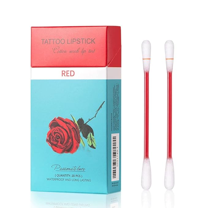 FLIPNEX 20Pcs Cotton Swab Tattoo Lipstick, Tattoo Lipstick Cotton Swab Lip Tint, Waterproof and Long Lasting Liquid Non-Stick Portable Lip Gloss (Red)