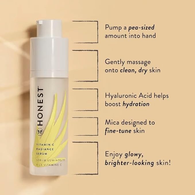 Honest Beauty Vitamin C Radiance Brightening Serum | Improves Skin Tone + Complexion | Vitamin C, Pearl, Hyaluronic Acid | EWG Verified + Cruelty Free | 1 fl oz