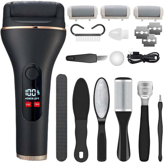 Electric Foot Callus Remover, Portable Electric Foot File with 15 in 1 Professional Pedicure Kits, Rechargeable Pedicure Tools for Foot Care, Waterproof Remover Cracked Feet & Dead Skin (Black)