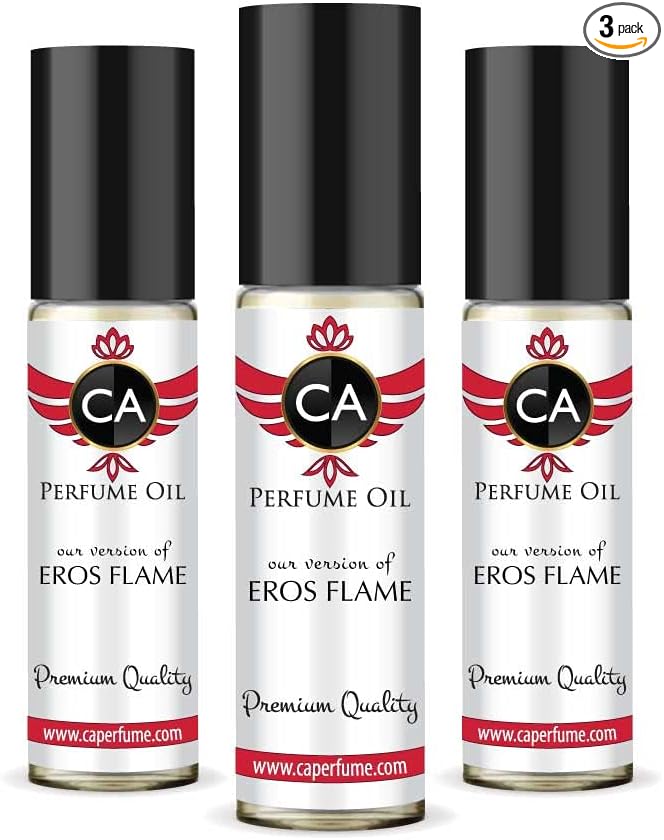 CA Perfume Impression of Eros Flame For Men Replica Fragrance Body Oil Dupes Alcohol-Free Essential Aromatherapy Sample Travel Size Concentrated Long Lasting Attar Roll-On 0.3 Fl Oz-X3