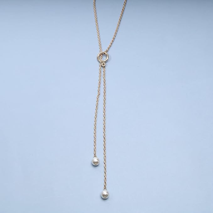 Boho Pearl Lariat Necklace Gold Chunky Chain Y Necklace Pearl Tassel Necklace Long Necklaces for Women and Girls Prom Bridal Necklace Jewelry