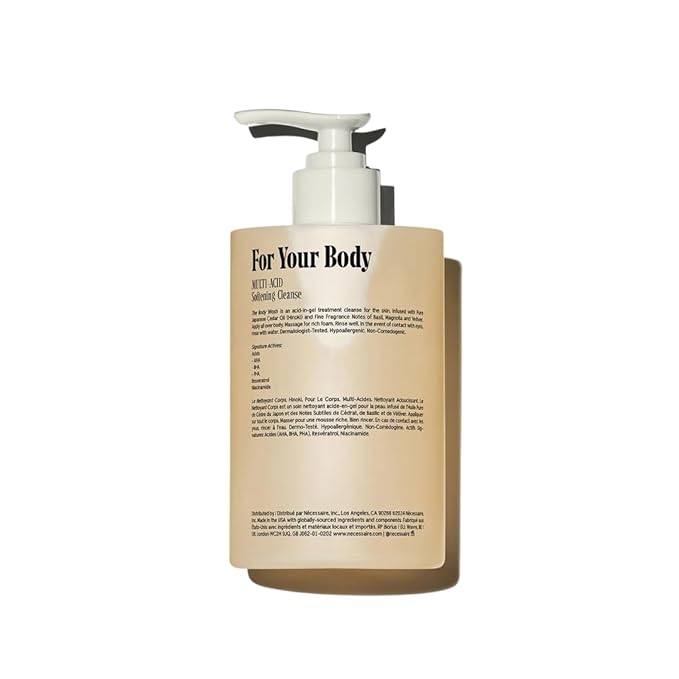 Nécessaire The Body Wash Hinoki. Natural Body Wash for Women & Men, Softening Shower Gel with Gentle Exfoliating Acids AHA/BHA/PHA. Gel Cleanse,16.9 fl oz