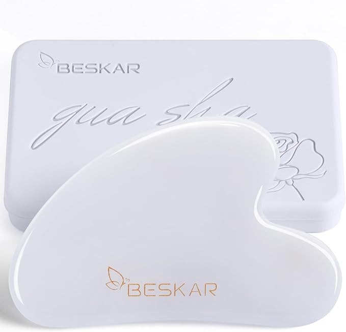 BESKAR Gua Sha Facial Tools, Natural Jade Stone Guasha Massager for Jawline Sculpting, Tighten Face Skin and Reduce Wrinkles, Face Eyes Body Neck Massage Tool, Skin Care Gift
