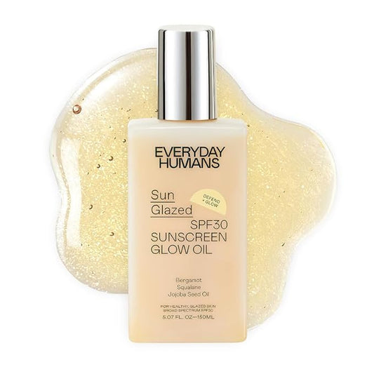 Everyday Humans Sun Glazed SPF30 Sheer Body Glow Oil with Gold Mica | Hydrating Non-Sticky Glowing UV Protection Cruelty Free 5.1 Fl Oz | Bergamot, Squalane, Jojoba Seed Oil | UVA/UVB Broad Spectrum