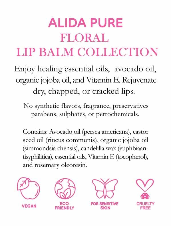 Floral Lip Balm Collection, Vegan Lip Balm Set, Beeswax Free, with Avocado Oil, Organic Jojoba Oil, and Vitamin E, Natural Moisturizer for Dry, Chapped or Cracked Lips, 3 Tube Set