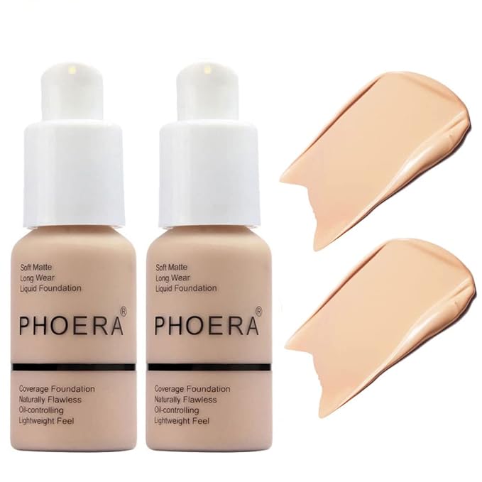 BestLand 2Pack PHOERA Foundation Full Coverage Liquid Foundation Cream - Long-lasting Lightweight Concealer - Oil-Free Formula - Natural Shade - Suitable for All Skin Types (2 Pack Nude #102)