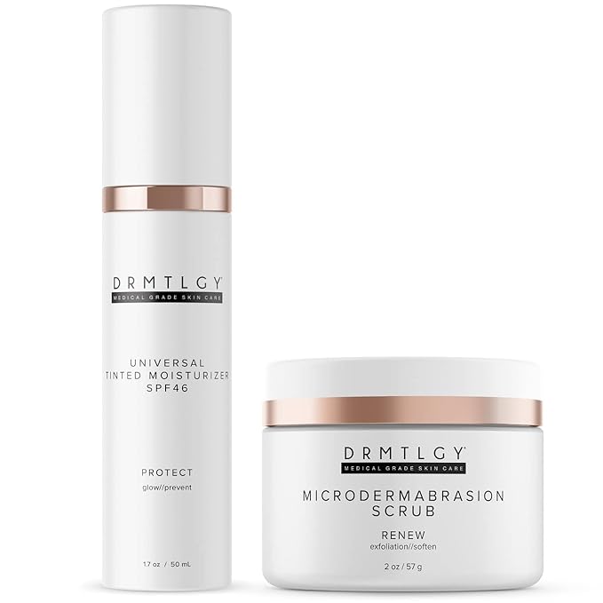 DRMTLGY Universal Tinted Moisturizer with SPF 46 & Microdermabrasion Facial Scrub Set - Universal Tinted SPF & Face Exfoliator 2 Pack