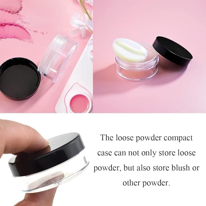 HAHIYO 2P 10ml/0.34oz Plastic Empty Travel Powder Container Small Loose Powders Compact Case Makeup Cosmetic Jar Refillable Powders Box No Leak Powder Holder with Rotatable Sifter and Black Screw Lid