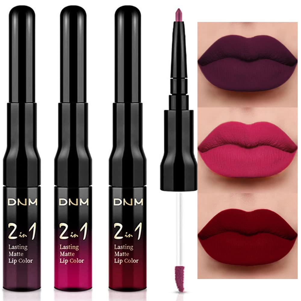 evpct 3Pcs Dark Plum Purple Rose Dark red Matte Lip Liner Pencil and Liquid Lipstick Sets for Women Long Lasting Waterproof, 24 Hour Lipstick Lip Stick/Gloss Set labiales mate 24 horas originales, 01