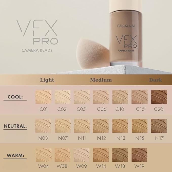 FARMASi Vfx Pro Foundation, Full Coverage Liquid Cream, Lightweight Long Lasting Coverage, Breathable Skin Moisturizer with Color True Matte Blending, Face Makeup, 1 fl. oz / 30 ml - Cool Light 05
