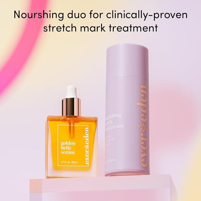 Evereden Mama DUO w/t Gua Sha - Golden Belly Stretch Mark Oil & Nourishing Stretch Mark Cream - Dermatologist-Developed Clean & Vegan Maternity Skin Care for Skin Hydration