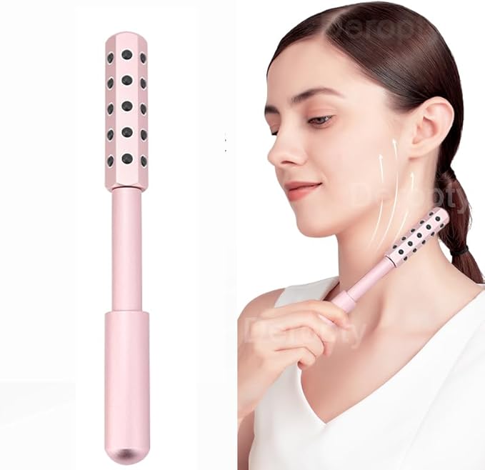 Beauty Massage Roller, Facial Massage Tool, 30 Germanium Stone Uplifting Face，Uplifting Face Massager Roller (Pink)