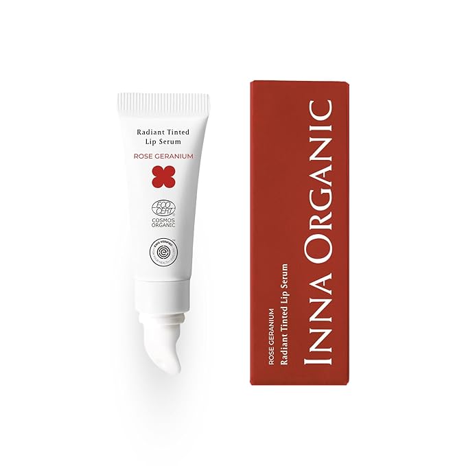 INNA ORGANIC Tinted Lip Serum, Moisturizing, Healing, Light Rosy color, 100% vegan, EWG & COSMOS Certified| Rose Geranium Essential Oils Infused Skincare | Luxury Clean Beauty