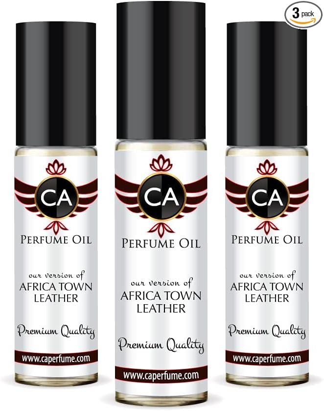 CA Perfume Club Impression of Mmos Africa Town Leather For Women & Men Replica Fragrance Body Oil Dupes Alcohol-Free Essential Aromatherapy Sample Travel Size Long Lasting Attar Roll-On 0.3 Fl Oz-X3