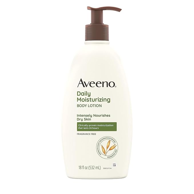 Aveeno Daily Moisturizing Body Lotion for Dry Skin with Prebiotic Oat, Fragrance & Paraben Free, Non-Greasy, Non-Comedogenic, for Sensitive Skin & 72-Hour Moisturizer 18 Fl Oz